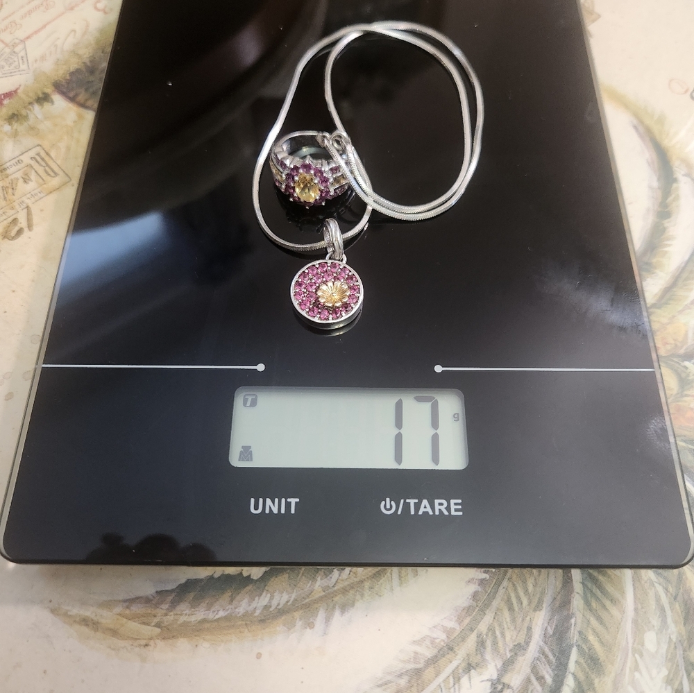 EASTER RING+ NECKLACE 13 Carats PURPLE+GOLD RHONDOLITES 17 gm 18k ITALIAN SILVER